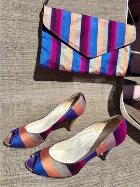 Vintage Parimode Multicolor Striped Silk Peep-Toe Heels with Matching Clutch